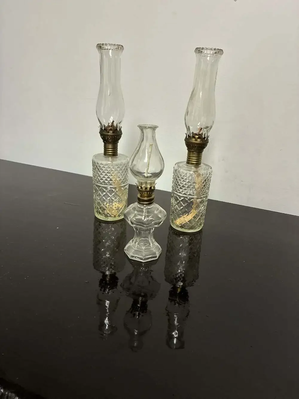 Lot of 3 Vintage Miniature Clear Pressed Glass Oil Lamps with Hurricane Chimneys